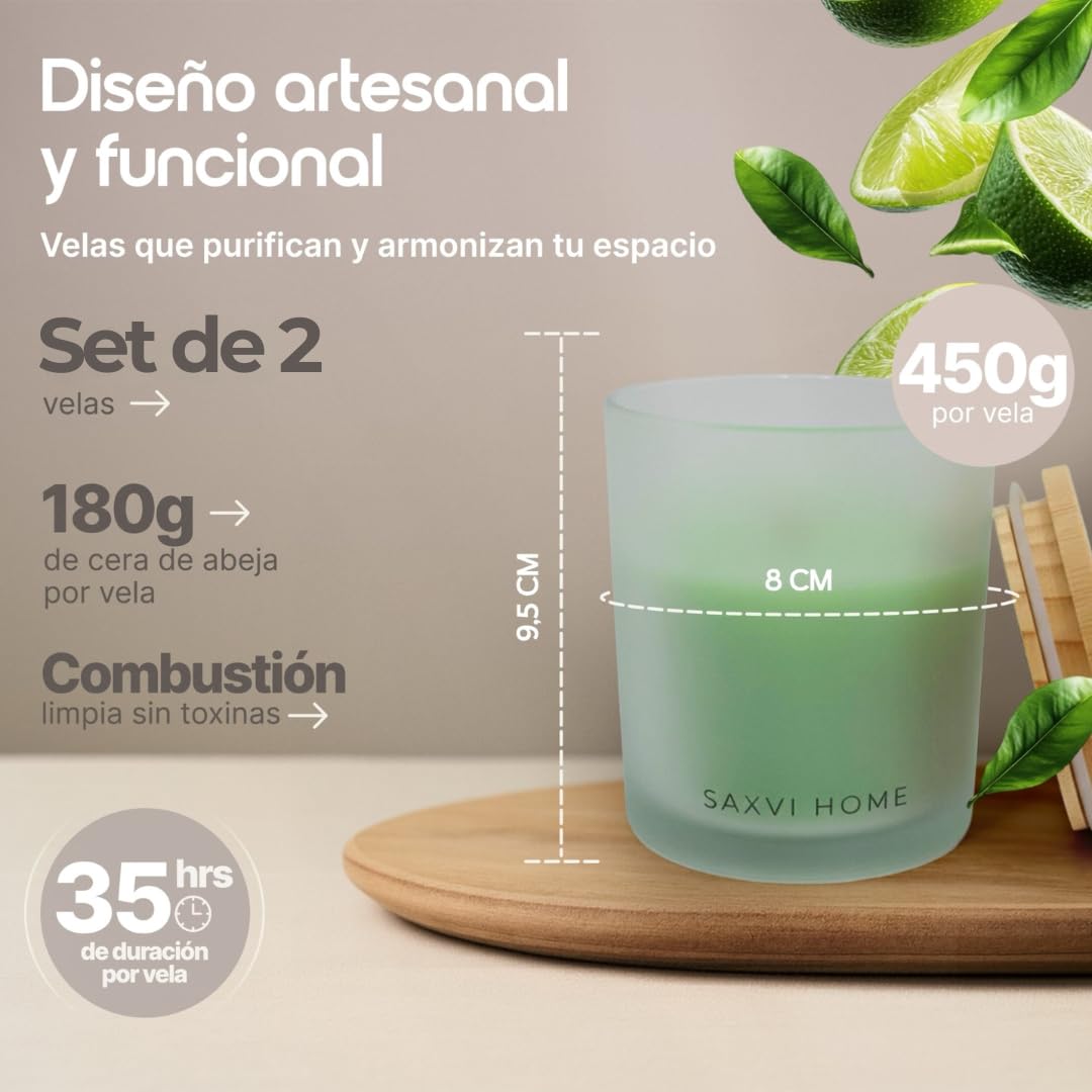 Set 2 Velas Cera de Abeja SAXVI HOME - 70 h (Limón y Ylang Ylang) | Velas Aromáticas Artesanales, Aceites esenciales ecológicos, combustión limpia, vaso de cristal, pack regalo mujer