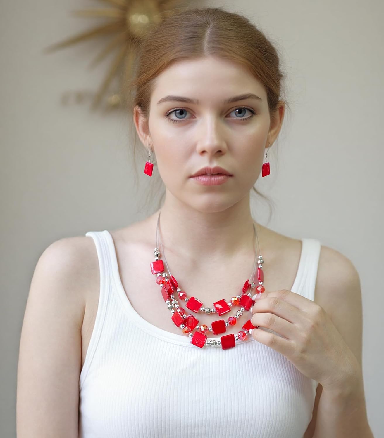 Layered Beaded Statement Necklaces for Women Square Shell Bead Collar Necklace and Earring Set Birthday Gifts Boho Jewelry Sets for Women - Image 4