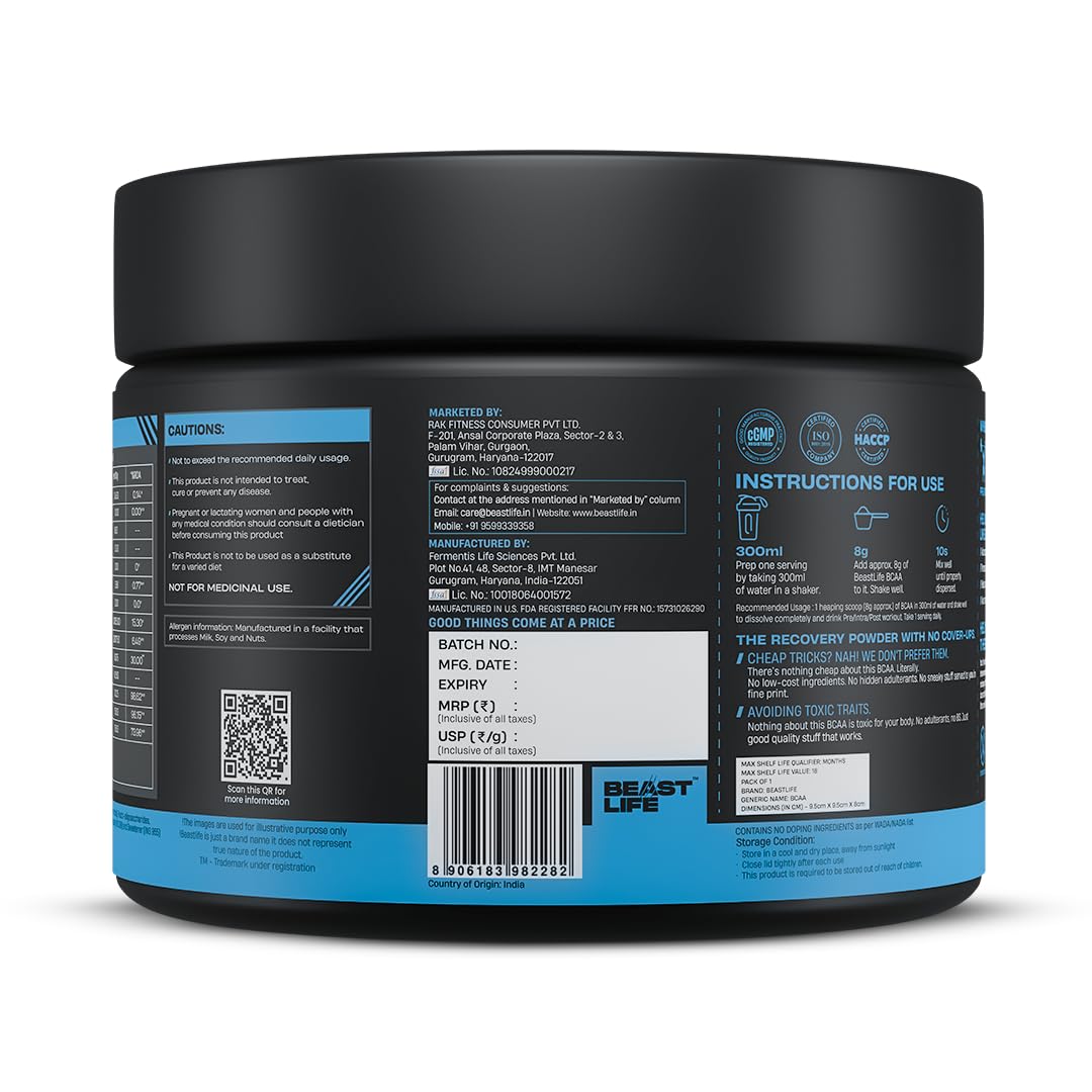 BeastLife High Recovery BCAA – Kachha Aaam Flavour | 2:1:1 Blend | 120g | Fast-Absorbing Recovery Formula | Premium Sports Nutrition for Men & Women 1