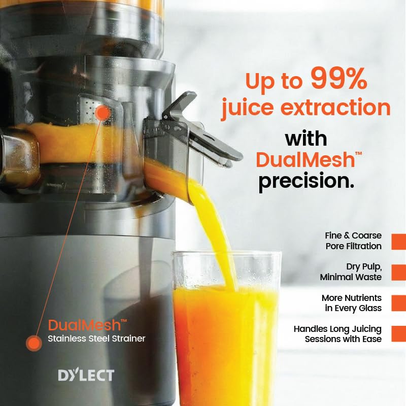 Image of DYLECT Nutri Pro Cold Press Juicer for Home | 140mm Wide Chute | Powerful AC Motor | Silent Operation <58dB | Advanced Safety Features | Quick Assembly & Easy Cleaning | All Types:Hard, Soft & Leafy