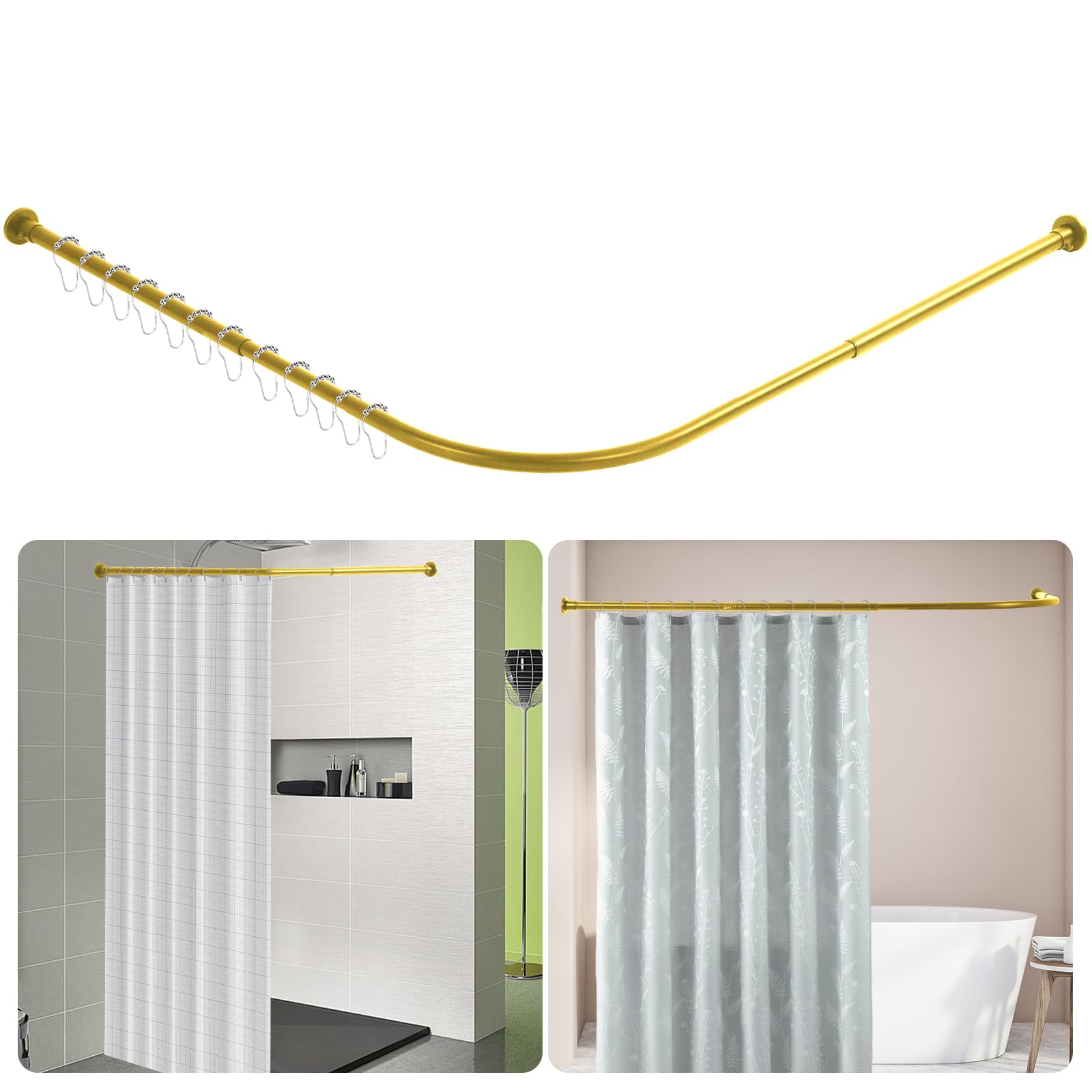 Btstil Shower Curtain Rail L Shape, Adjustable Corner Shower Curtain Rod, Wall Mounted 304 Stainless Steel Curved Shower Rail With 12 Rings for Bathroom Bathtubs (Gold, 68-98cm x 68-98cm)