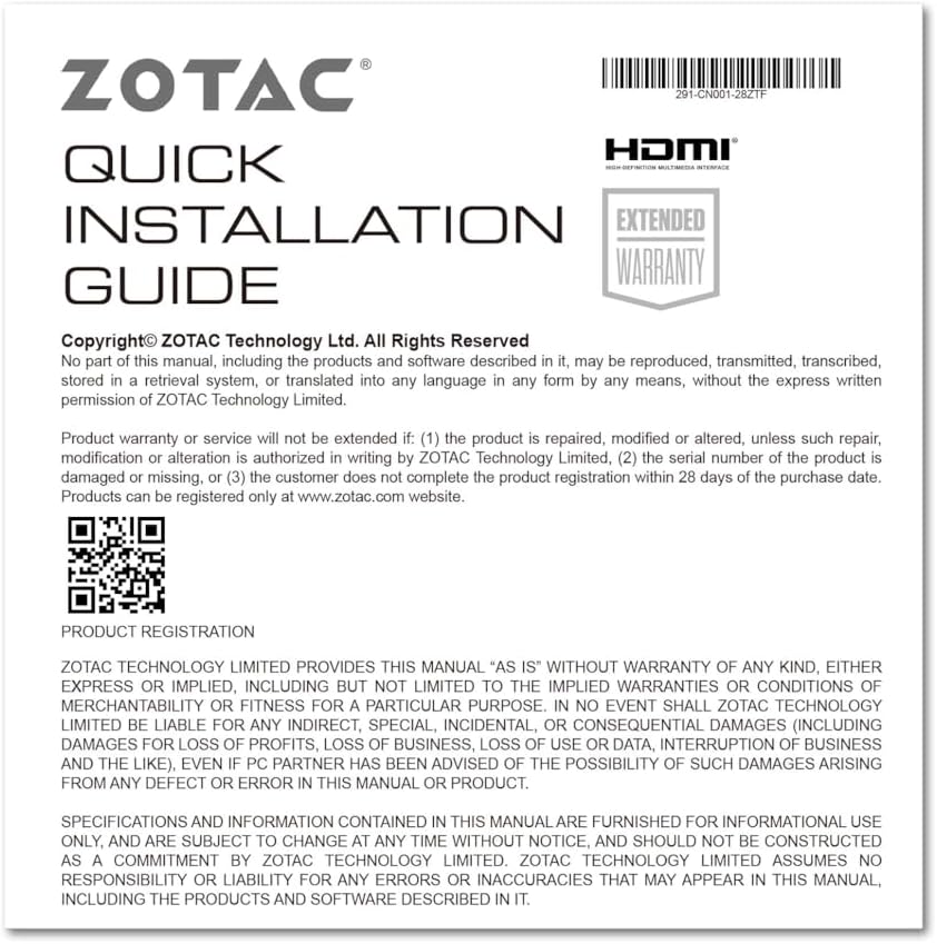 ZOTAC hurtiginstallationsvejledning, der viser produktregistreringsoplysninger