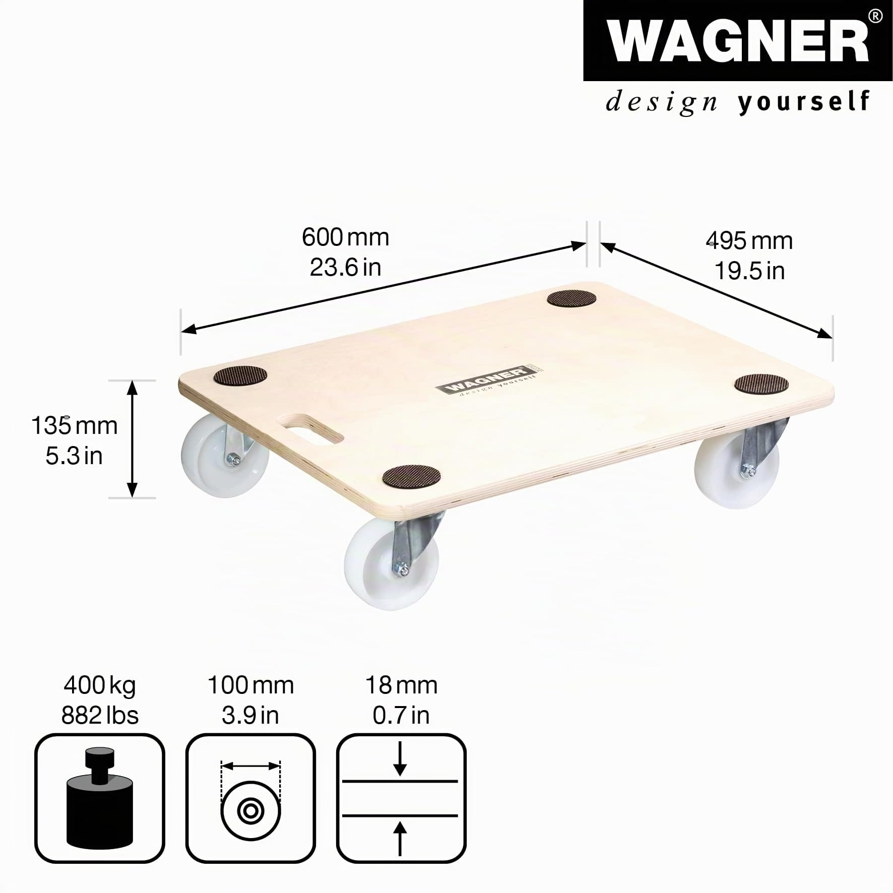 Wagner Plataforma de Carga MM 1086-60 x 50 cm - para Electrodomésticos y Muebles, 400 kg de Capacidad de Carga, Asa de Transporte, Antideslizante, Certificado FSC® - 20108601