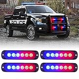 Xprite 4PCS LED Emergency Strobe Lights, Red Blue 12-LED Surface Mount Flashing Strobe Lights, Sync Feature Ultra Slim Grill Light for Volunteer Trucks ATV SUV Vehicles