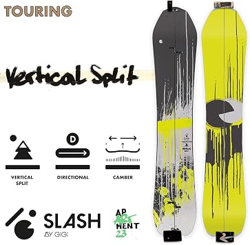Slash by Gigi, Vertical Split Snowboard, Camber, Landing Strip, Tri-Ax Fiberglass, Woodcore, Sintered Base, Diamond Stone Finish, Progressive Sidecut, Traction, Tapered, S-Line Splits, Steel Edges