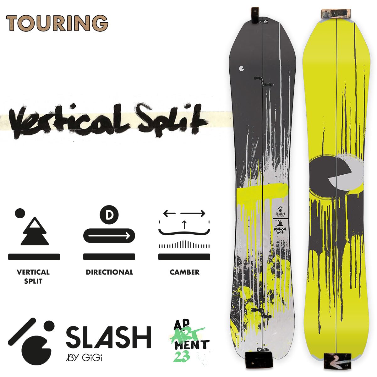 Slash by Gigi, Vertical Split Snowboard, Camber, Landing Strip, Tri-Ax Fiberglass, Woodcore, Sintered Base, Diamond Stone Finish, Progressive Sidecut, Traction, Tapered, S-Line Splits, Steel Edges