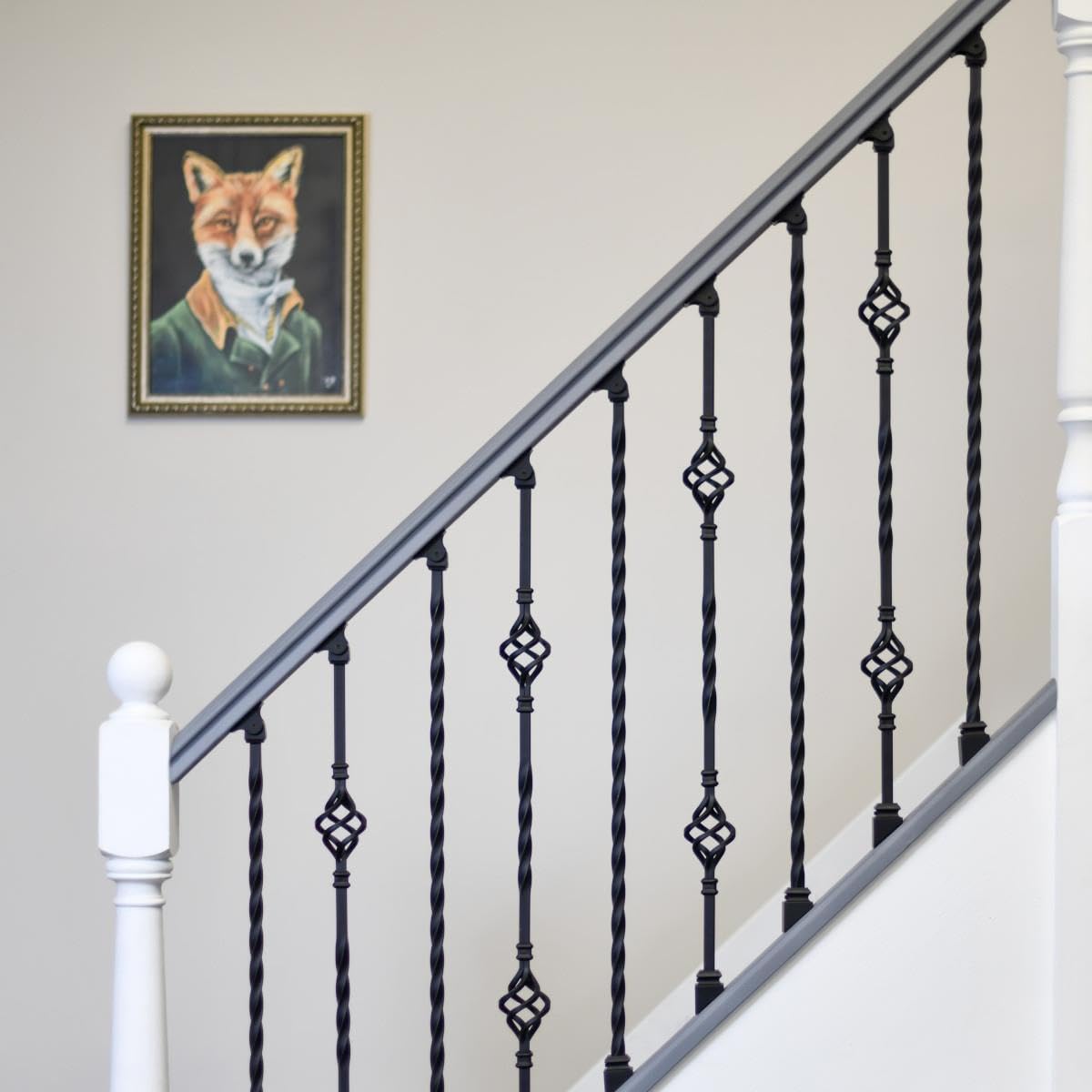 Set of 2 Matte Black "Enfield" Steel Stair Spindles - Pattern 14 - with Fixed and Adjustable Rake Brackets