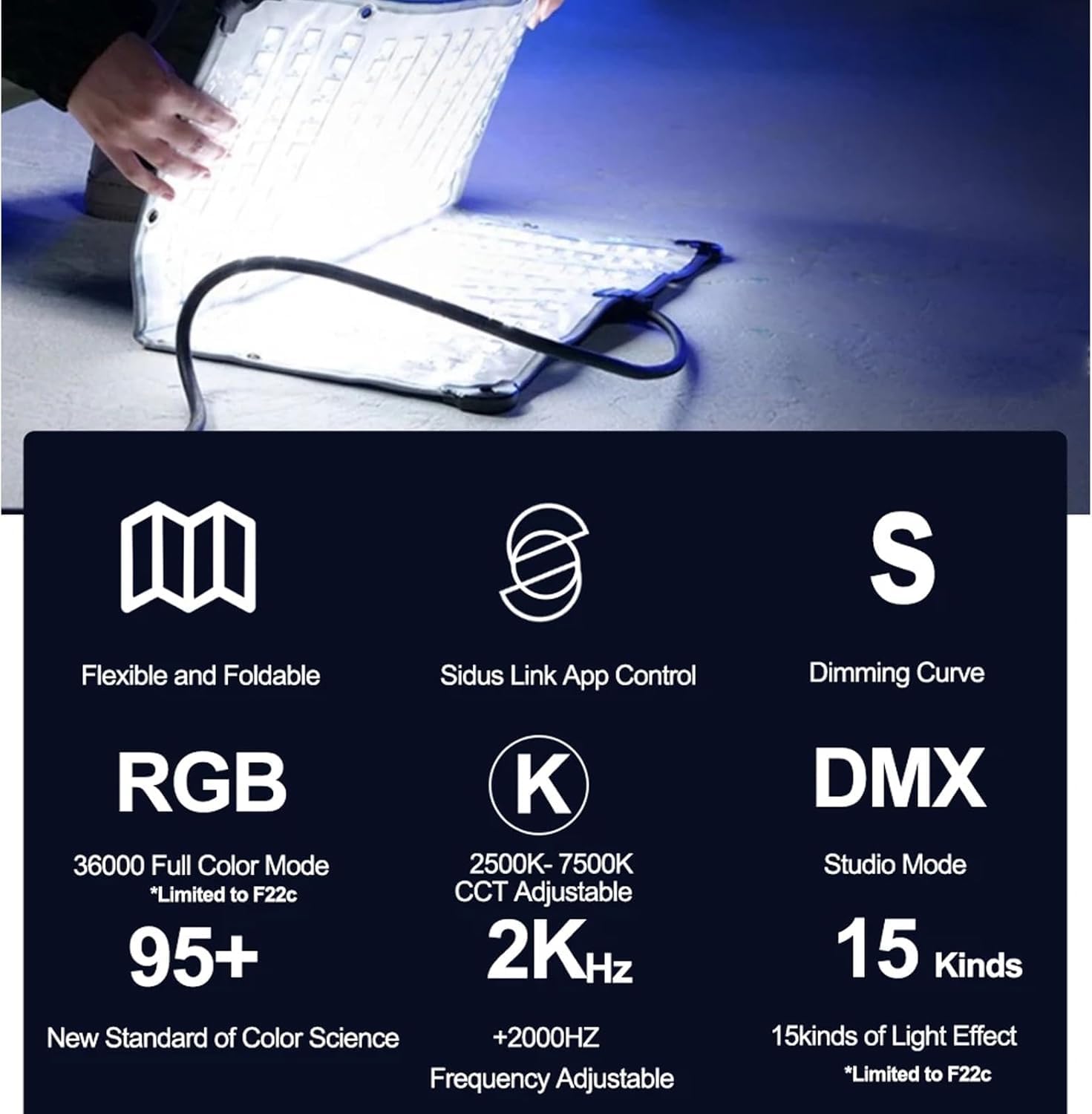 Aputure Amaran F22c 2'x2'RGBWW LED Luce in Tessuto Flessibile Luce Video LED 2500K~7500K, 200W,15 Effetti di Luce Con Softbox Griglia a Nido d'ape,Supporto per Controllo App
