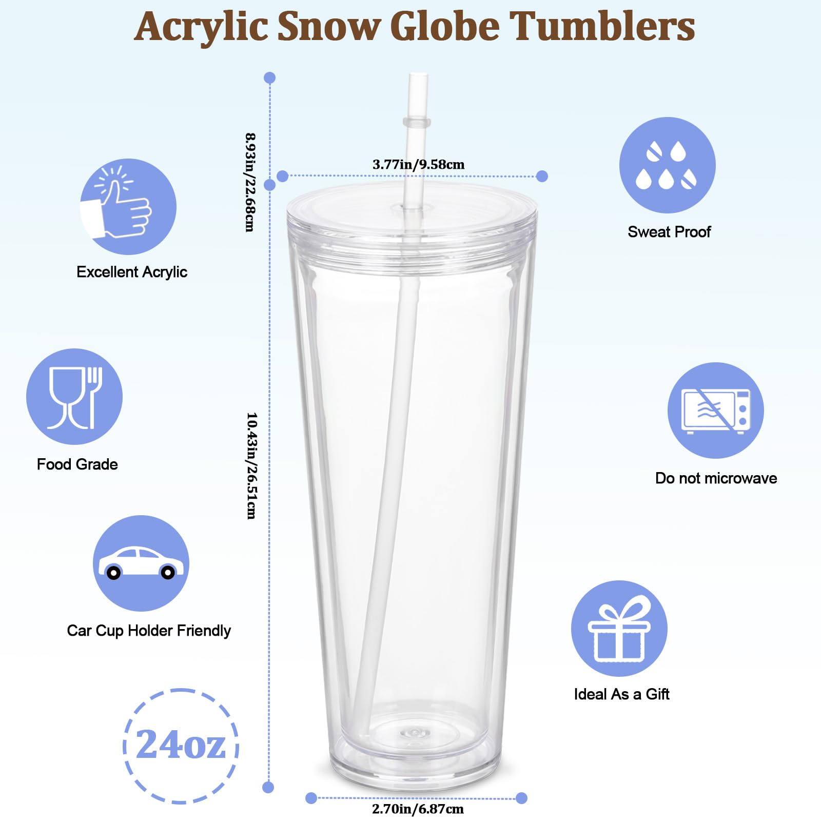 Paquete de 8 vasos de globo de nieve de 24 onzas, vaso de globo de nieve acrílico de doble pared con agujero preperforado, tapas, pajitas y enchufe, tazas reutilizables de acrílico transparente para