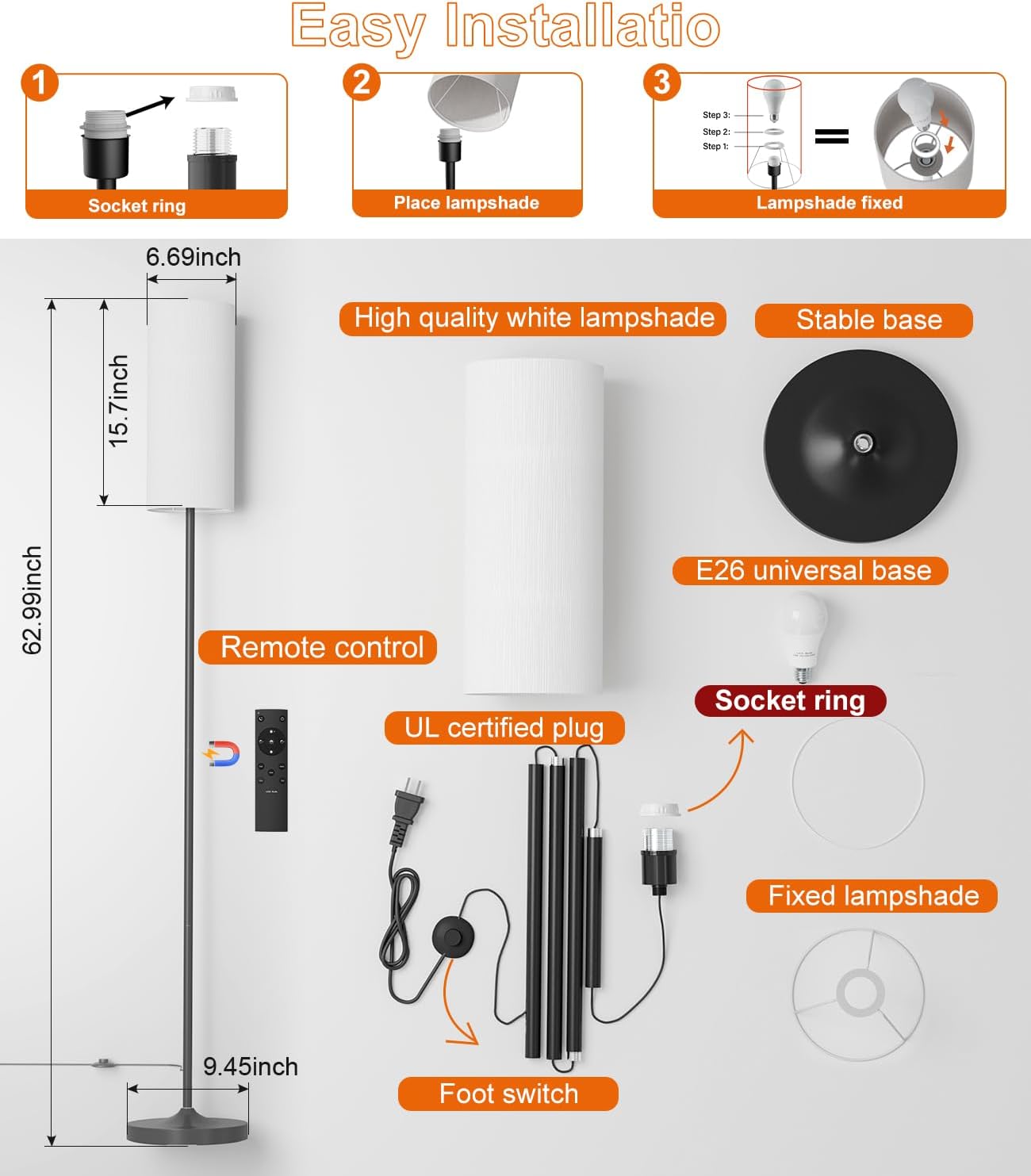 Versatile Dimmable Floor Lamp with Remote Control and Customizable Color Temperature for Any Space