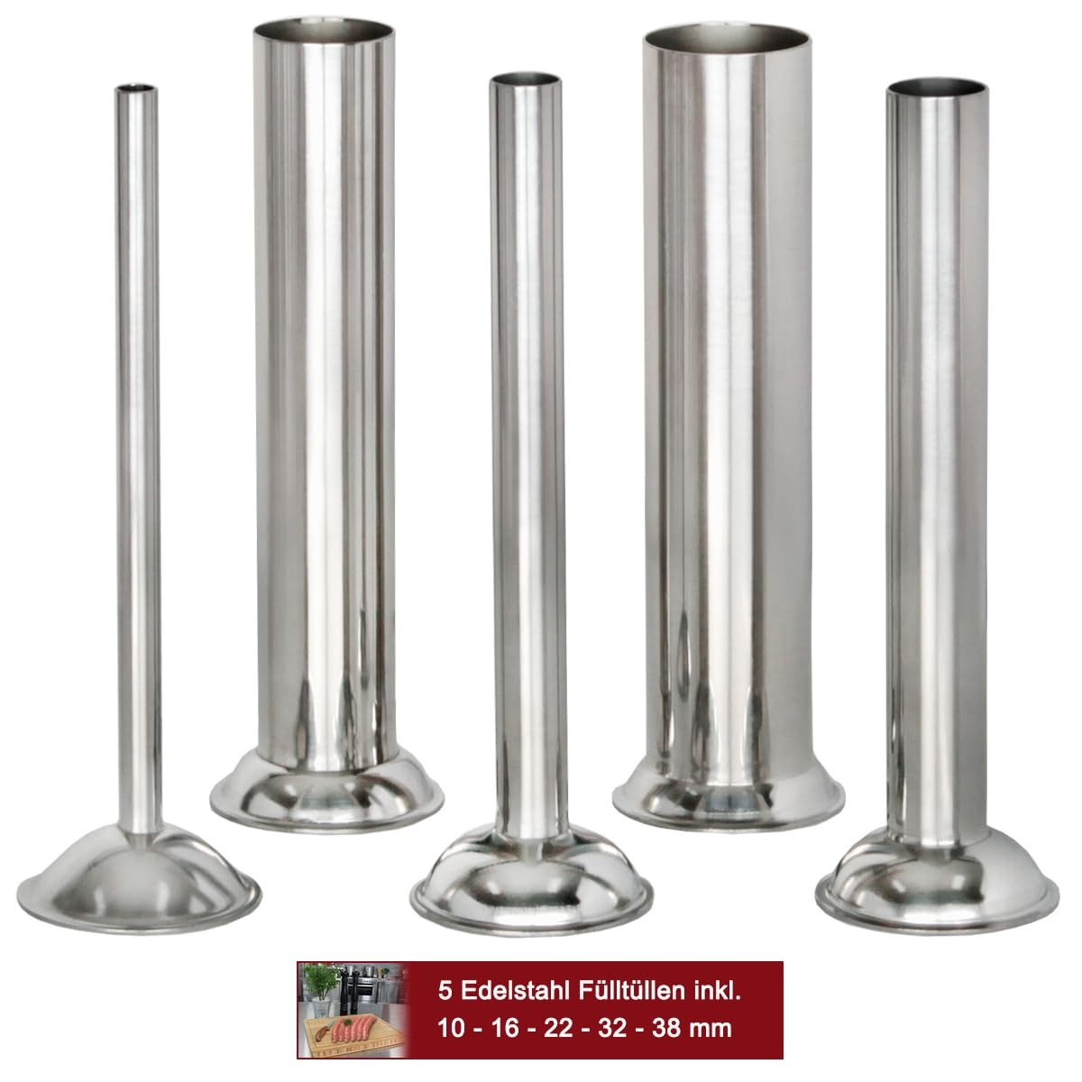 Beeketal 'BT03' Edelstahl Industrie Wurstfüllmaschine (3 L Volumen) SGS-geprüft, Profi Wurstfüller mit gehärtetem 2 Gang Vollmetall-Getriebe und 90° Aluguss Handkurbel, inkl. 5 Fülltüllen