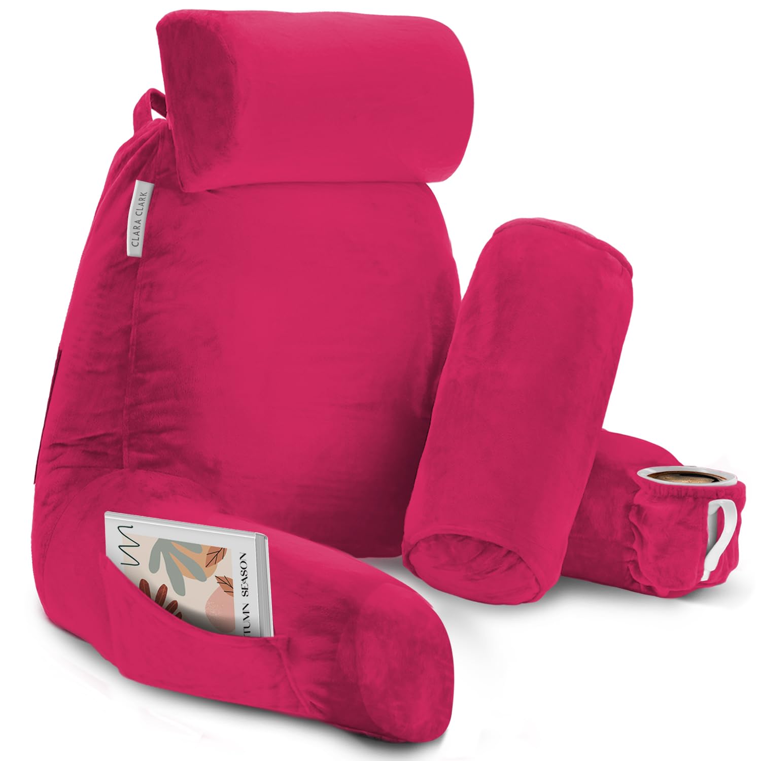 Clara Clark Reading Pillow with Shredded Memory Foam Includes 2 Neck and Lumber Support Pillows, Designed for Sitting Up in Bed and Couch, Back and Arms Adjustable Support for Adults & Teens, Hot Pink