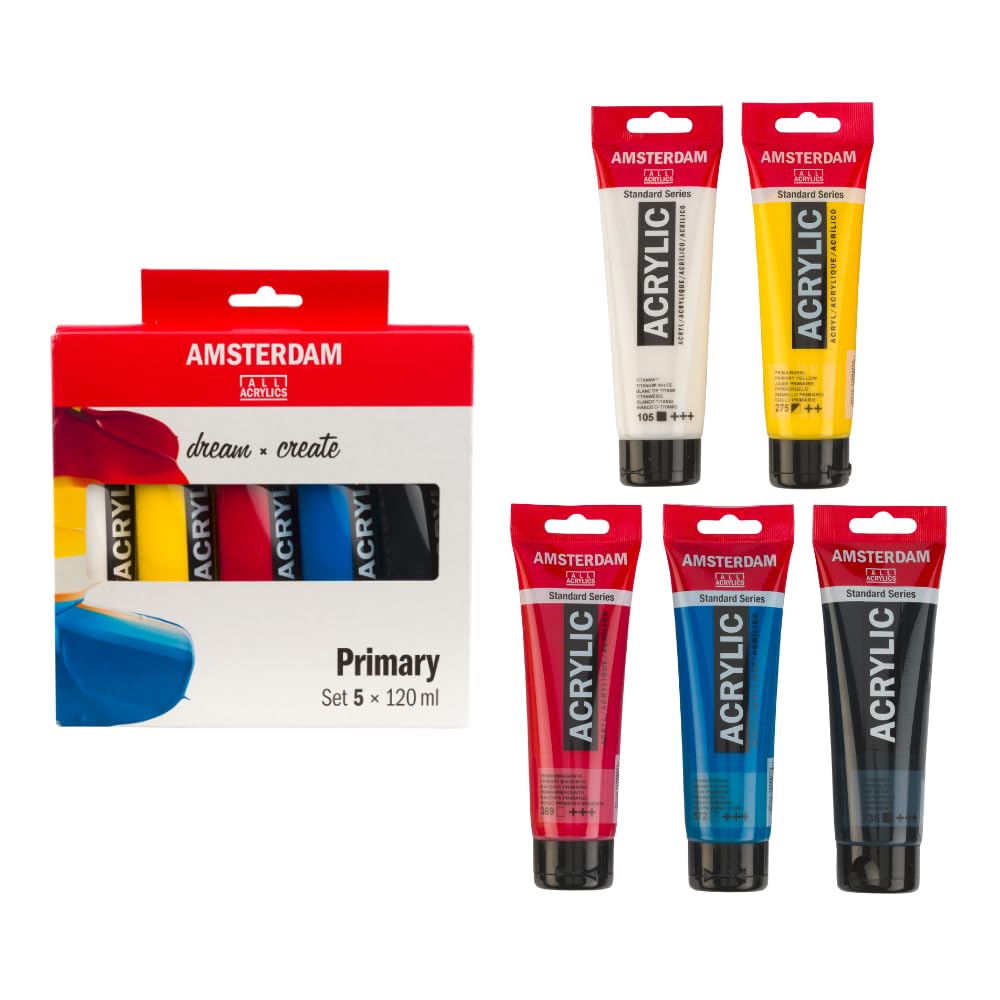 Amsterdam Standard Series Peinture Acrylique | Set de Mélange (5 x 120 ml) | Couleurs Primaires + Noir & Blanc