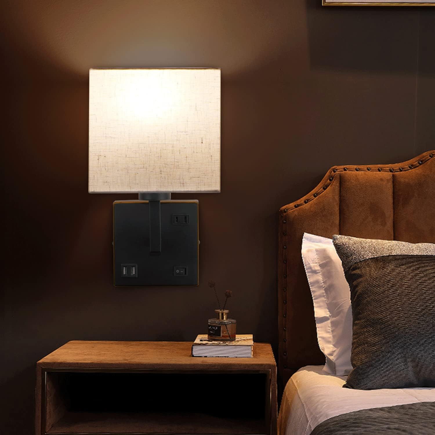 AVV Wall Sconce Lighting, Bedside Wall Mount Light with USB Port, AC Outlet and 3 Color 2700K/4000K/5000K Selectable, Fabric Linen Shade, Wall Lamps for Bedroom Living Room Hotel, Hardwire, Black, 2PK