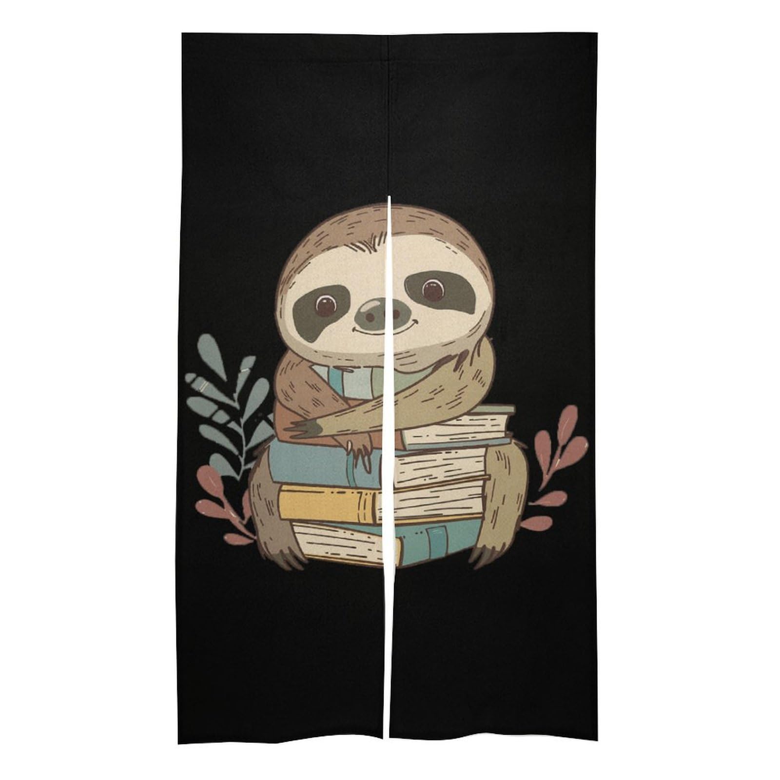 Cartoon Sloth Holding Books Noren Doorway Split Shower Curtain Long Type Window Treatment for Privacy Partition Divider