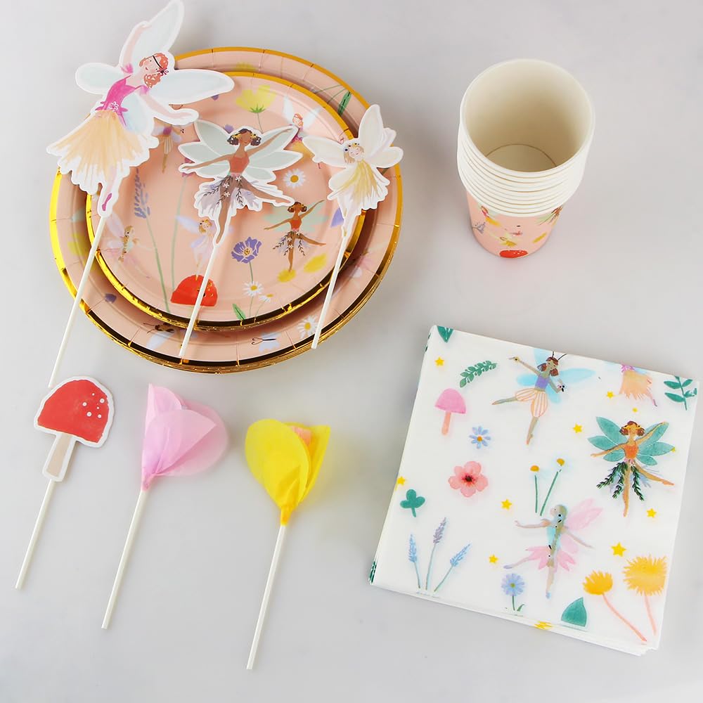Juego de vajilla desechable de 57 piezas, diseño de hadas, hongos, platos, vasos, servilletas, decoración de pastel de hadas, suministros de decoración de fiesta de cumpleaños para niñas (10