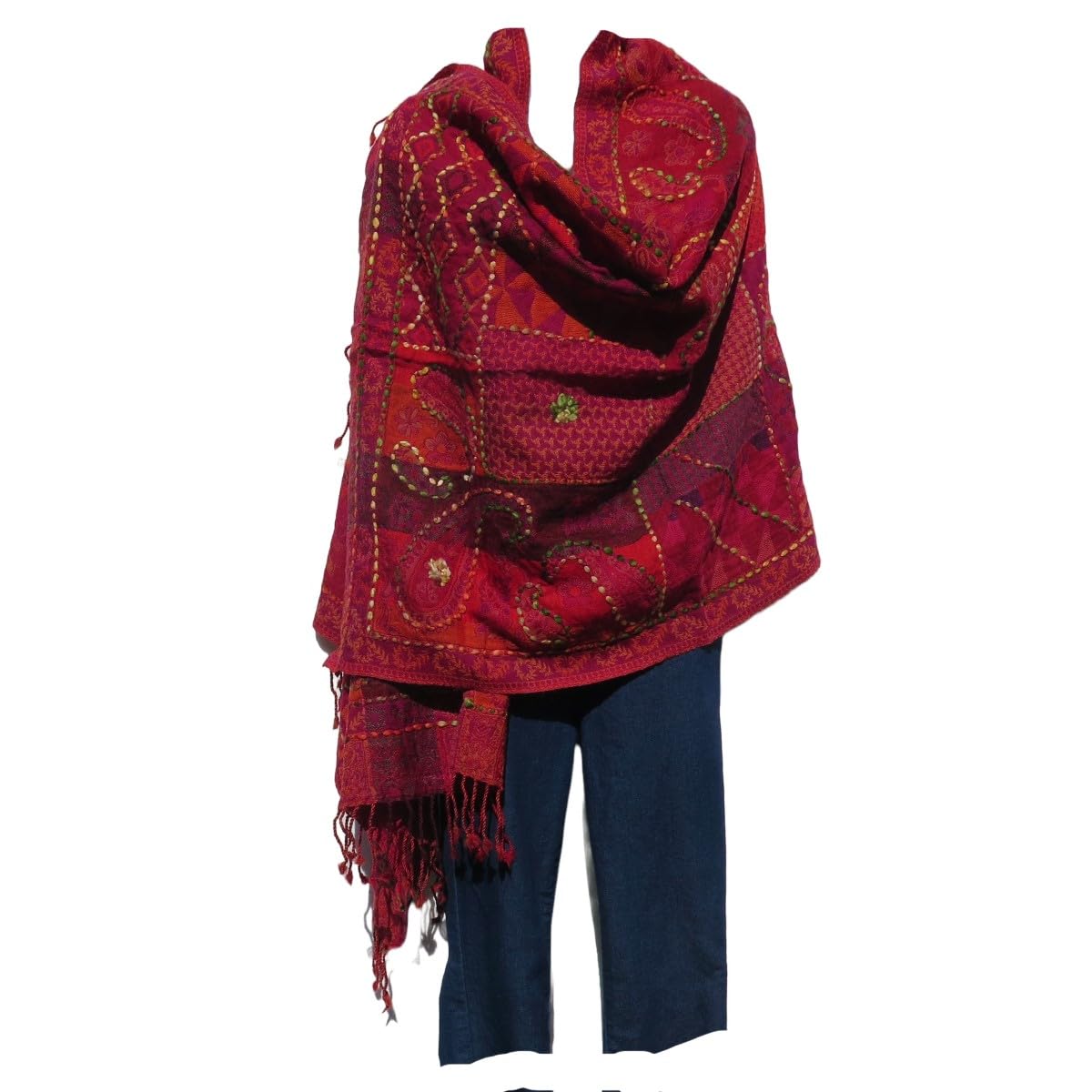 TDbNShawl | Stitched Accent Embroidery | Yak + Sheep Wool Blend | Handmade | Red & Amber ++