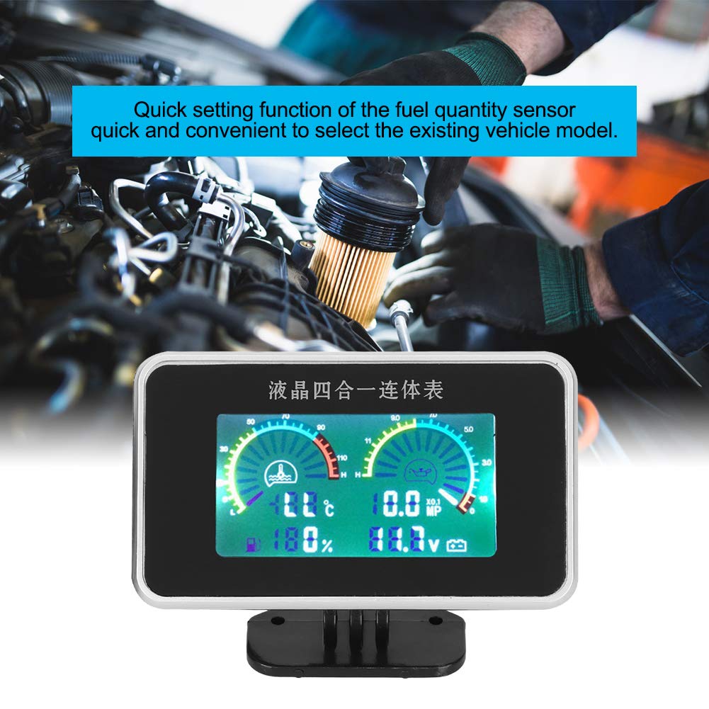 Misuratore di tensione digitale, misuratore di pressione per carburante e olio, CC da 9 V a 36 V 4 in 1 Display digitale LCD per auto Voltmetro Indicatore del carburante Misuratore di pressione dell'o