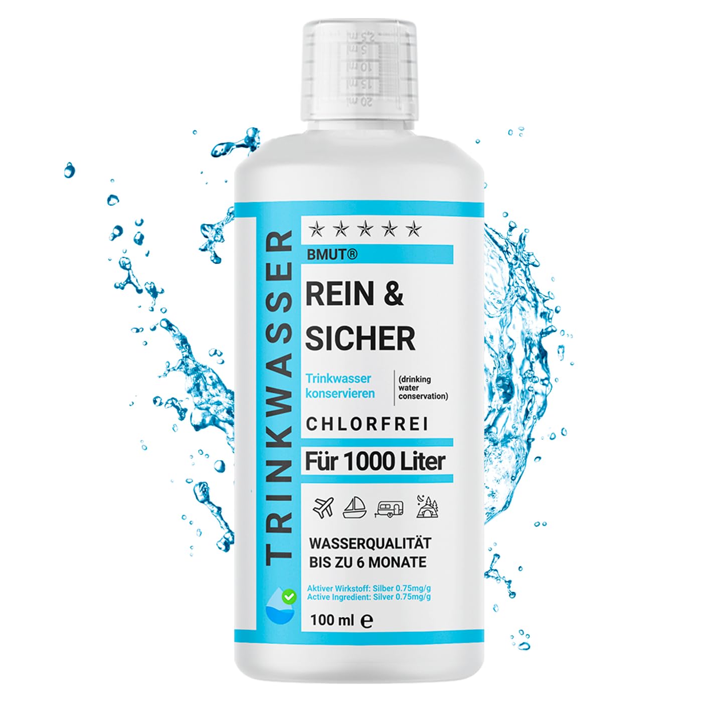 1x 100ml Traitement de l'eau potable Conservation pour 1000 litres empêche les germes – Pur & Sûr – Caravane, Camping, Réservoir, Extérieur, Urgence