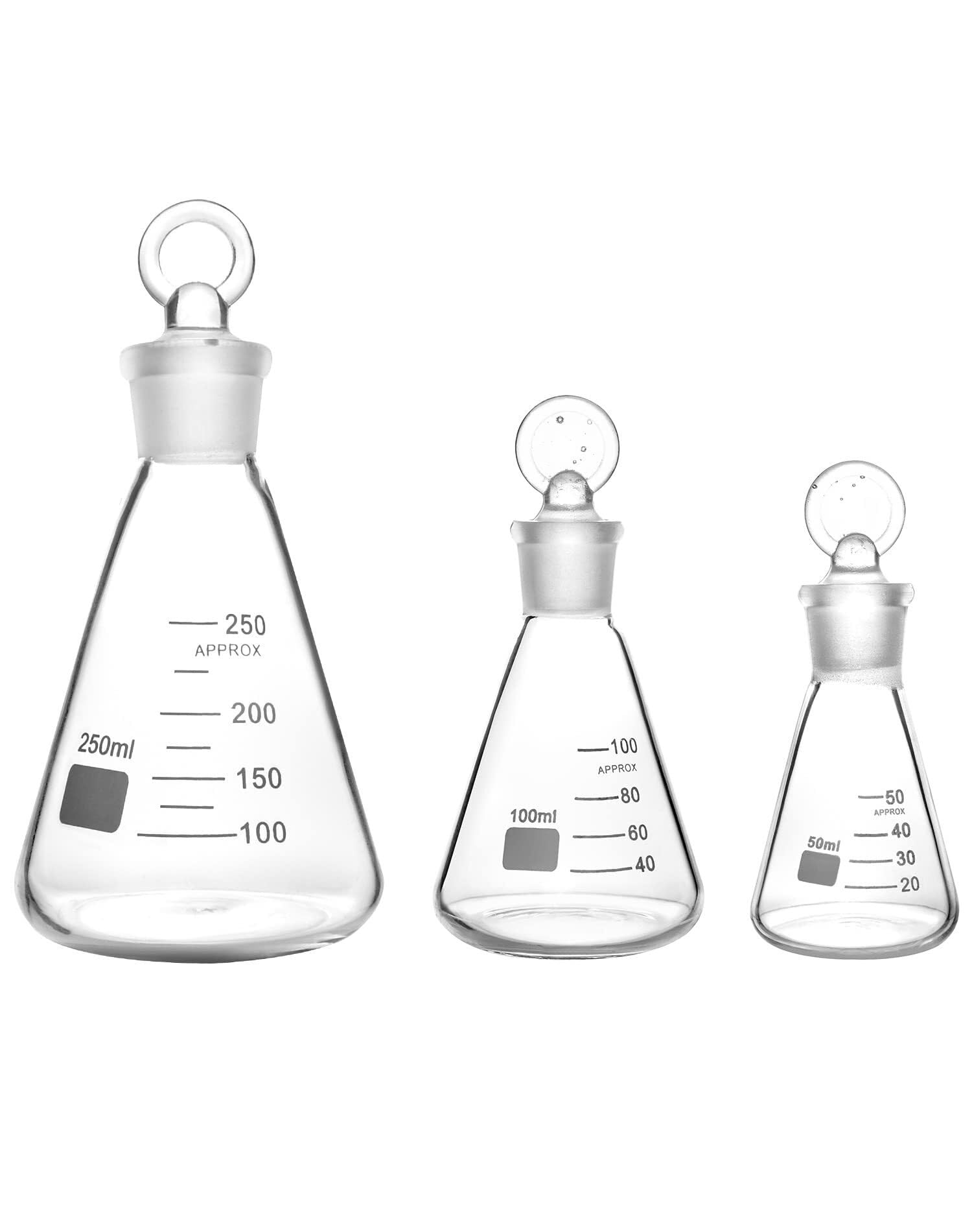 Juego de Matraces de Erlenmeyer - 3 Tamaños Vidrio de Borosilicato con Tapones para Experimentos de Laboratorio(1 Set)