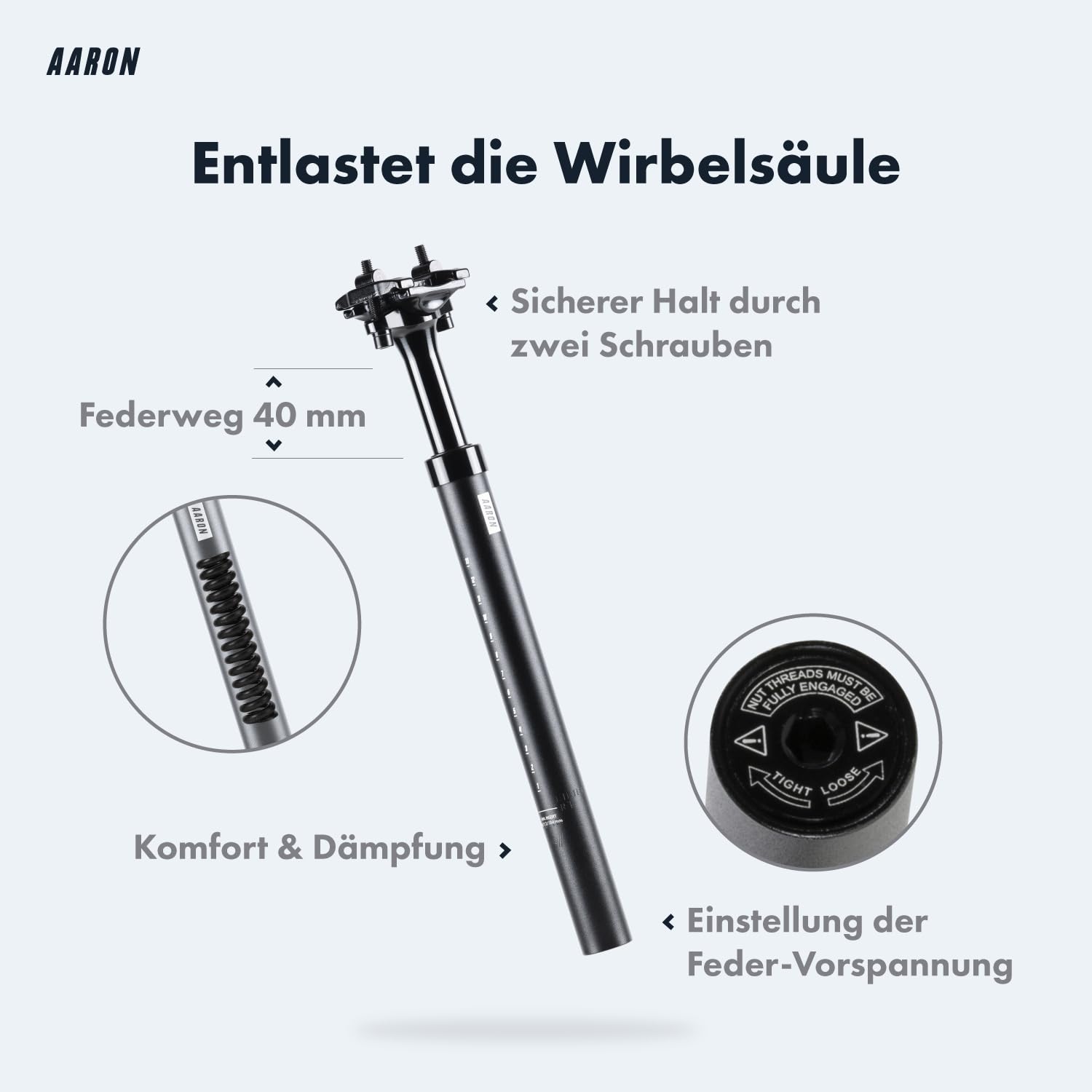 AARON Shock Federsattelstütze mit 27,2, 30,9 oder 31,6 mm Durchmesser - Gefederte Aluminium Sattelstütze mit 350mm Länge - Fahrrad Sattelstütze gefedert für E-Bike, MTB, Downhill, Trekking Citybike