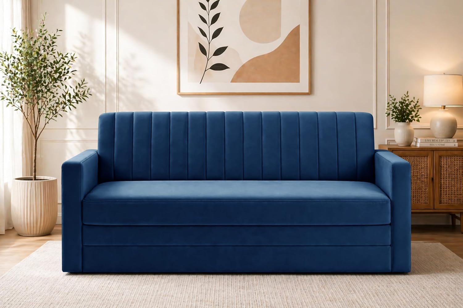 Winsome mattress Modern Velvet 3-Seater Sofa Cum Bed with Armrest, Convertible Sleeper Couch Sofa for Living Room, Bedroom & Office - Blue