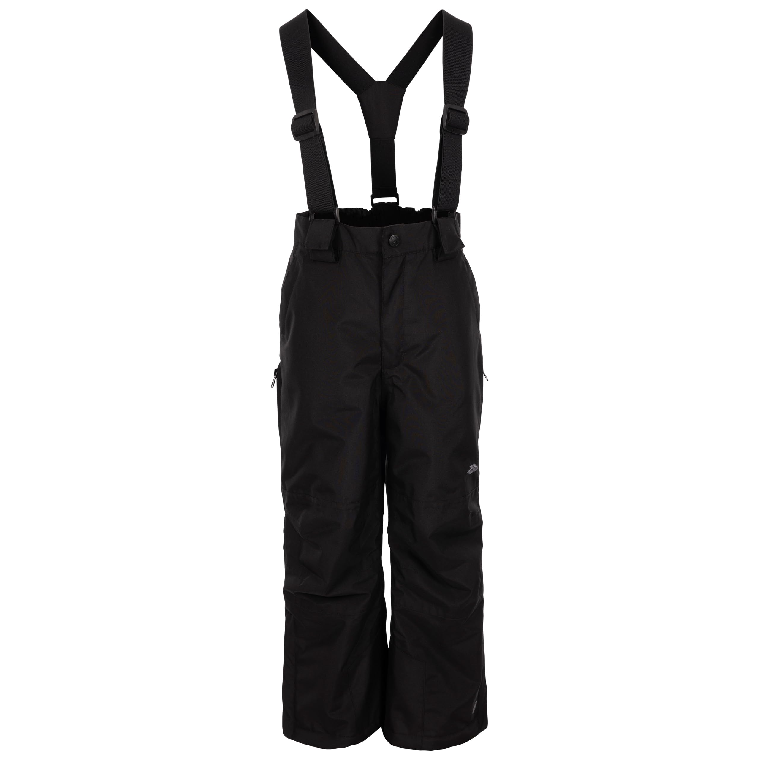Trespass Rumi - Pantalones de esquí unisex para niños, impermeables, acolchados, forro de punto, 2 bolsillos con cremallera, tirantes desmontables, cremalleras laterales en las piernas, parches para