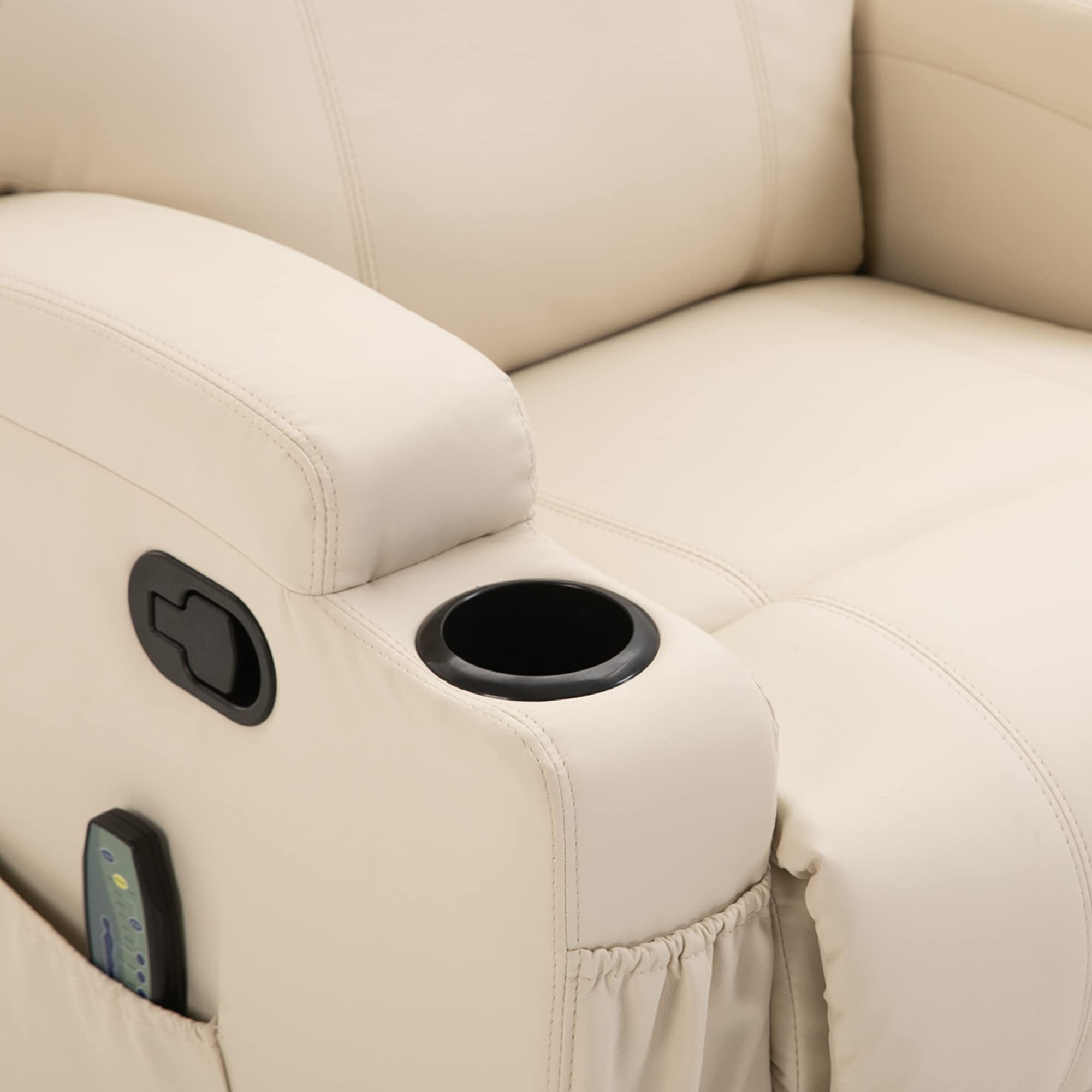 HOMCOM Fauteuil de Massage inclinable, Bascule et pivotant à 360°, Fauteuil de Relaxation, Dossier et Repose-Pieds réglable manuellement, télécommande, Porte-gobelets et Poches latérales, crème
