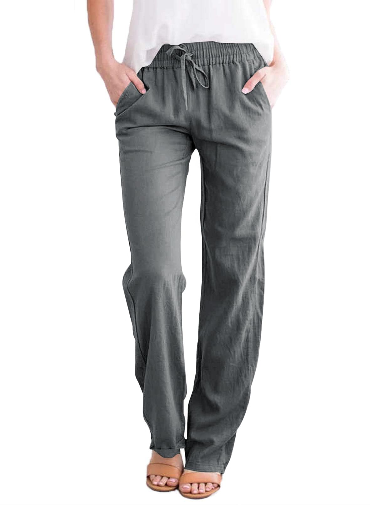 Tincini Leinenhose Damen Hose Sommer Musselin Leinen Hosen Stoffhose Einfarbig Freizeithose Gerade Geschnitten Strandhose Sommerhose mit Taschen