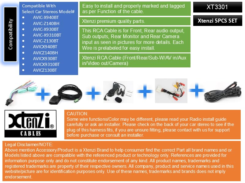 Xtenzi Car Audio 5 Pcs Set XT3301 GPS MIC RCA Wire Harness and USB Connection Cable Compatible with Pioneer AVICX930BT AVICZ130BT