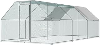 Chicken Coop Large Metal Chicken House/Pen with Climbing Frame for 15-20 Chickens, Outdoor Walk-in Poultry Cage Flat Shape for Ducks, Rabbits, Dogs Etc, Silver (236" L x 117.6" W x 78.7" H)