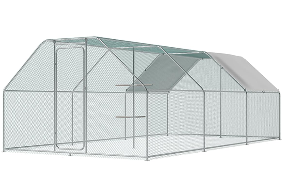 Chicken Coop Large Metal Chicken House/Pen with Climbing Frame for 15-20 Chickens, Outdoor Walk-in Poultry Cage Flat Shape for Ducks, Rabbits, Dogs Etc, Silver (236" L x 117.6" W x 78.7" H)