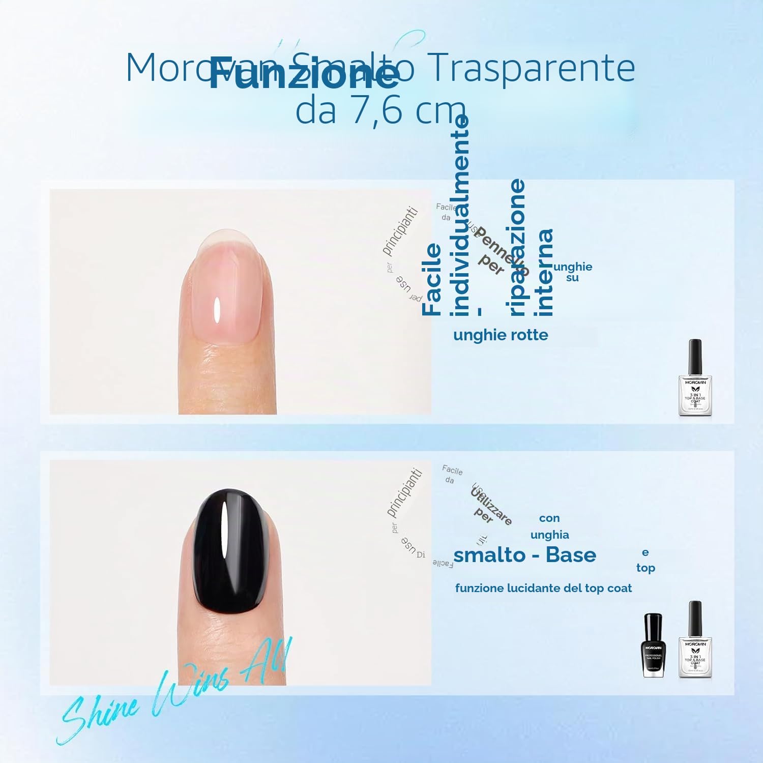 Morovan Smalto trasparente 3 in 1: Base Coat Top Coat 3 in 1 Nail Strengthener Clear Nail Varnish 15 ml