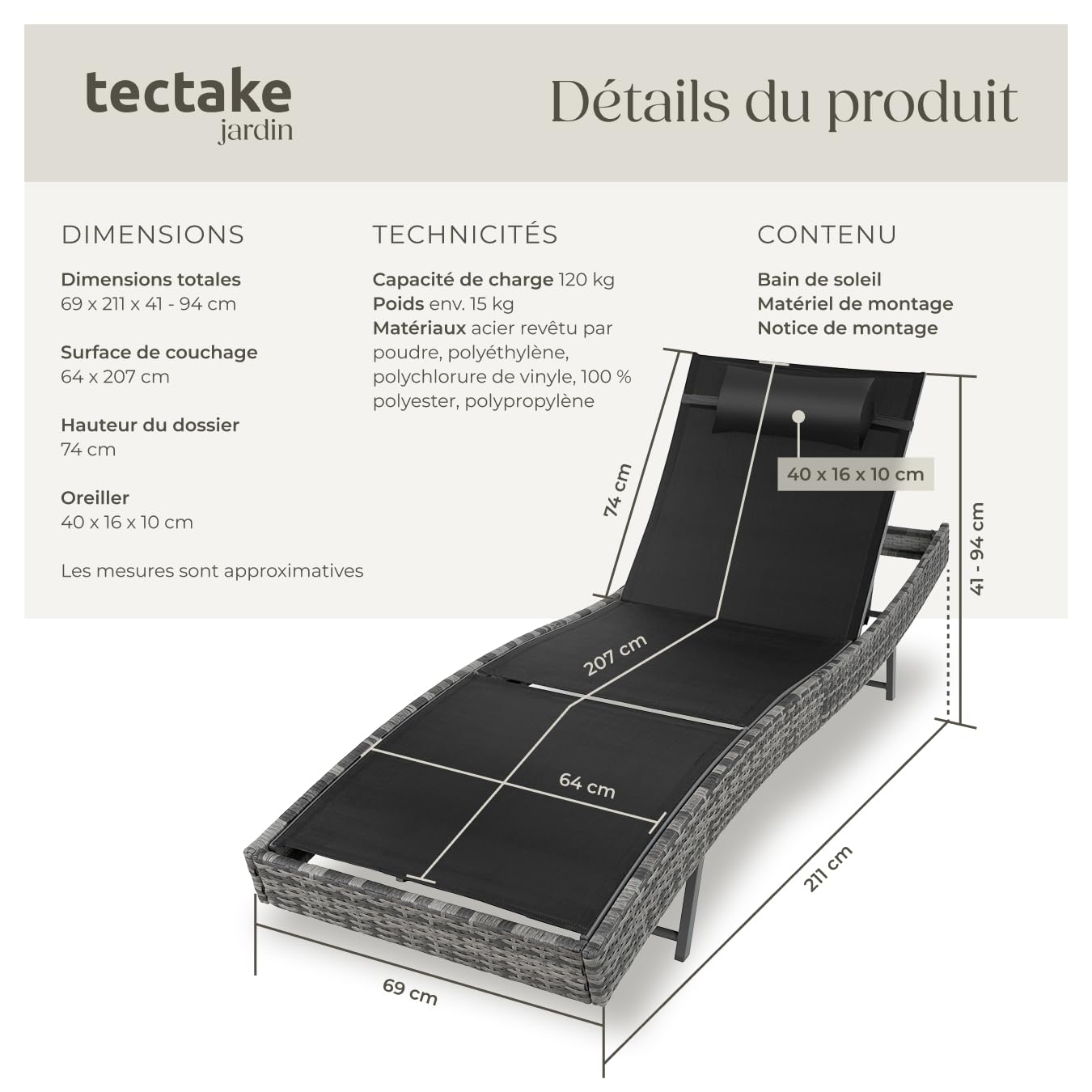 tectake® Chaise Longue Bain de Soleil en Résine Tréssée, Résistant Dossier Inclinable sur 6 positions, Appuie-tête inclus Transat Salon de jardin exterieur Mobilier de Jardin Chaise Longue Relax Plage