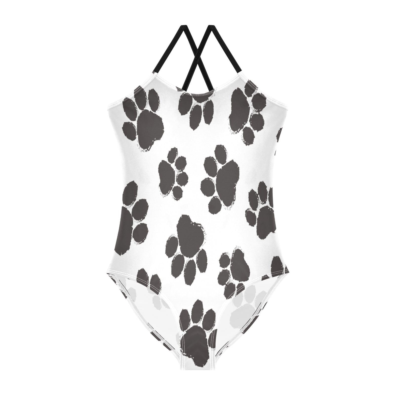 Black Silhouette Paws Cat Or Dog Girls One Piece Swimsuit Beach Swimwear Quick Dry Kids Bathing Suits 5-6T