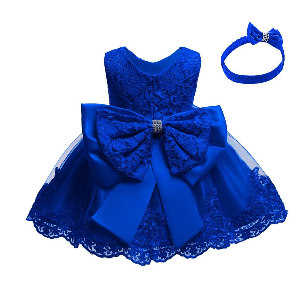 Lace Flower Girls Bowknot Tutu Dress for Kids Baby Christening Baptism Communion Birthday Party Formal Dress Toddler Princess Pageant Wedding Bridesmaid Gown with Headwear Royal Blue 6-9 Months