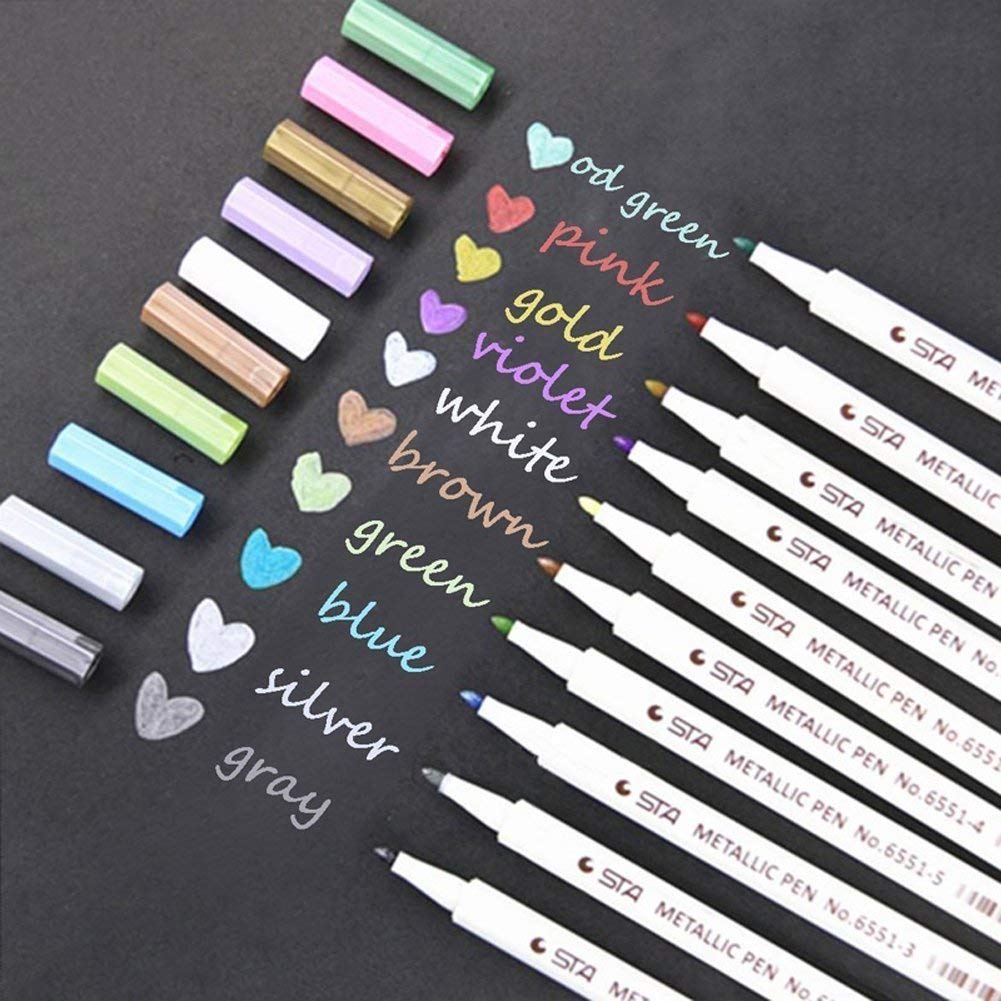 VOOKI Metallic Marker Pen Set 10 Colored Permanent Metallic Color Painting Art Marker for Gift Card Making DIY Photo Album Scrapbooking Crafts (Round Tip)