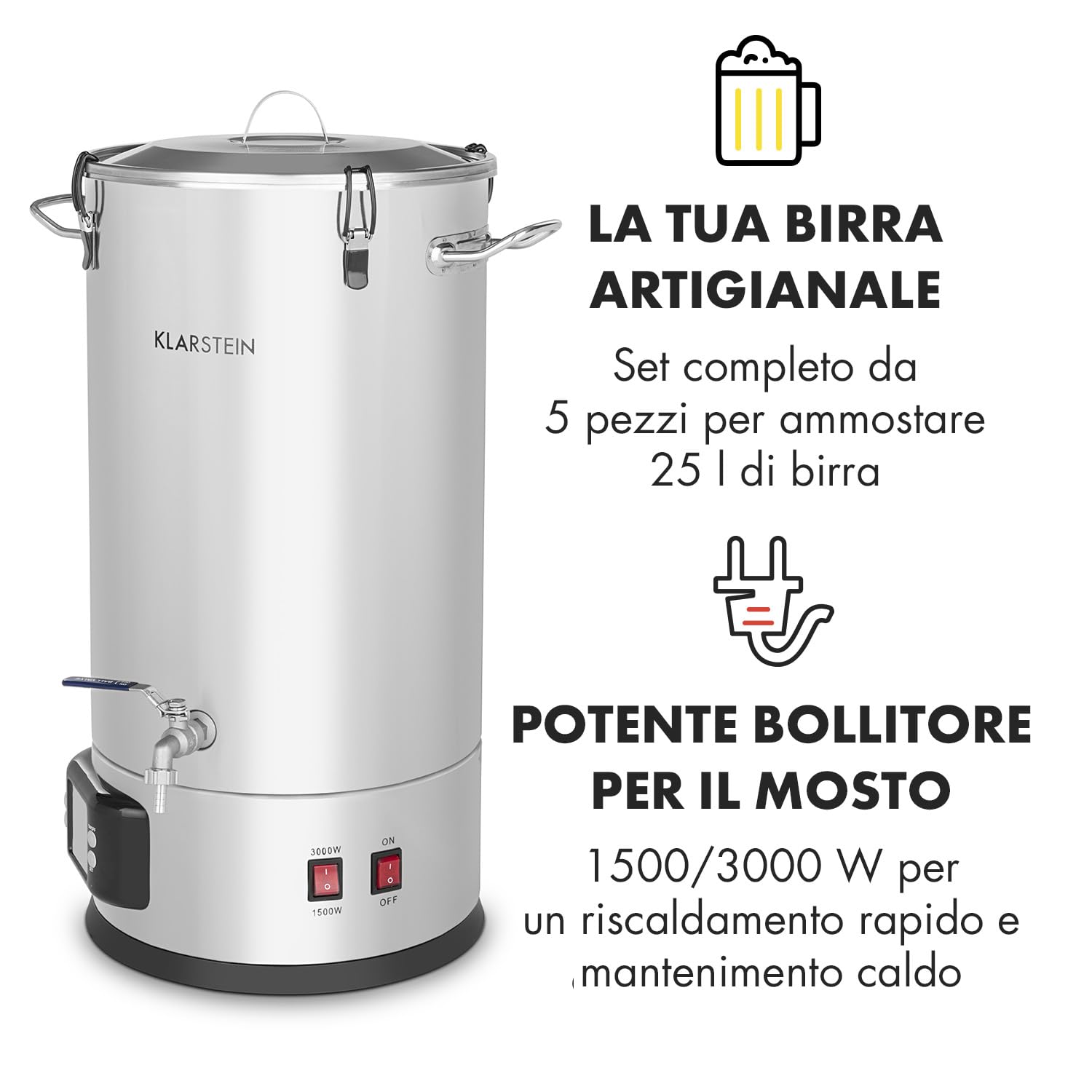 Klarstein Maischfest - Kit Birra Artigianale Completo, Fermentatore 2 Livelli di Potenza: 1500/3000 W, Kit Completo 5 Pezzi, Display LCD, Rubinetto, Acciaio Inox, 25 Litri