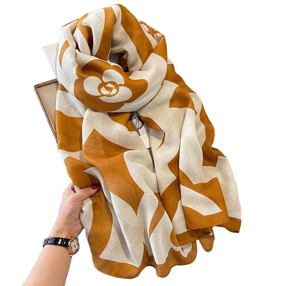 First Choose Women's Yellow-Camellia Cotton Linen Feeling Large Long Scarf Shawl Check Style Sunscreen Shawls Wraps Lightweight Pattern, Large