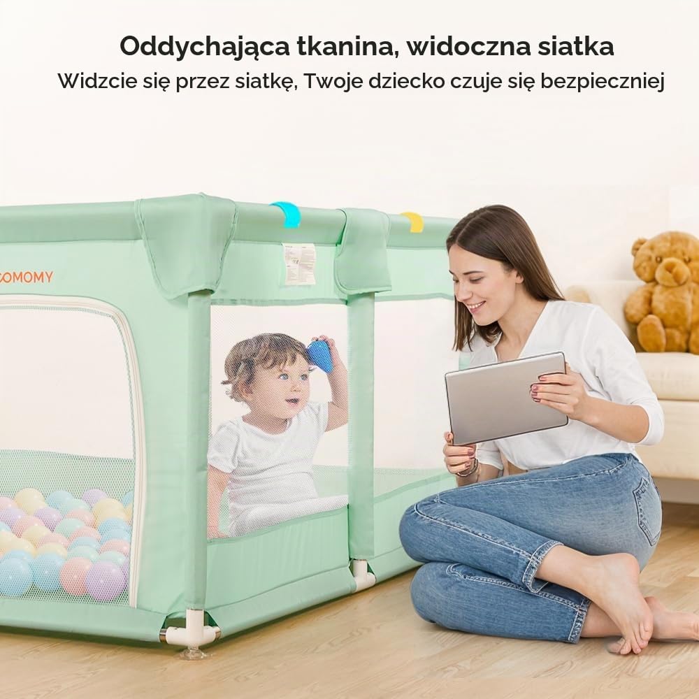COMOMY Kojec dla niemowląt, 127x127 cm, kojec bezpieczny dla dzieci z miękką siatką, antypoślizgowym dnem z tkaniny Oxford (zielony)