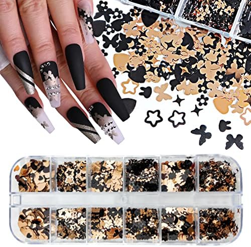 Black Gold Butterfly Nail Art Glitter Sequins 3D Flower Nail Art Flake Shiny Star Rabbit Shape Design Nail Decals Heart Nail Charms Acrylic Nail Supplies for Women Girls Manicure Tips Nail Decoration