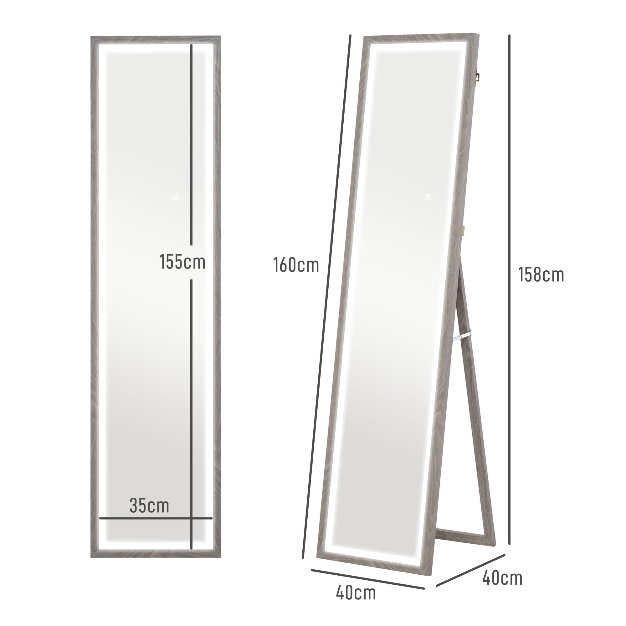 HOMCOM Ganzkörperspiegel 40 x 160 cm Standspiegel mit LED-Lichte, 3 Lichtfarben, Wandspiegel mit Touch-Steuerung, Bodenspiegel für Schlafzimmer, Wohnzimmer, Grau