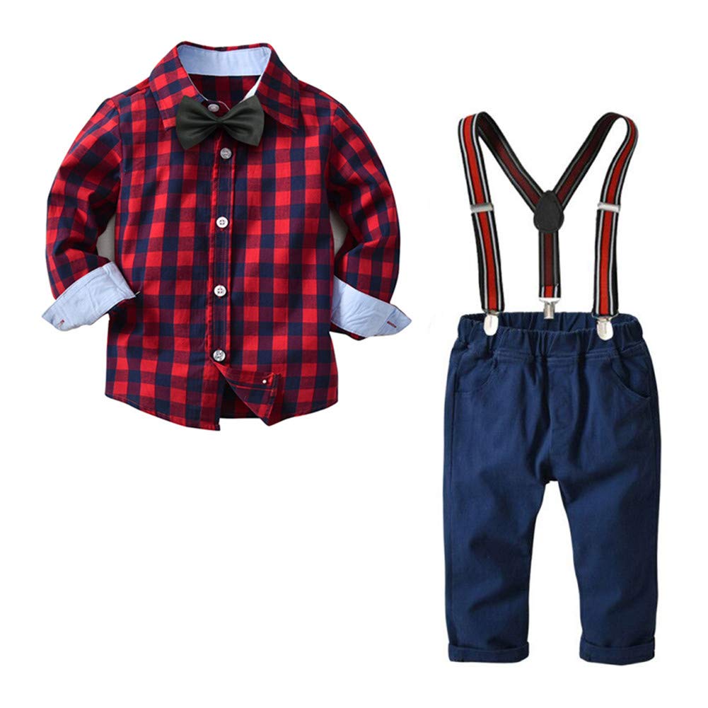 Boys Clothes Set 4 pcs Plaid Shirts+Bowtie+Suspender Pant Sets Infant Gentleman Easter Outfit Set
