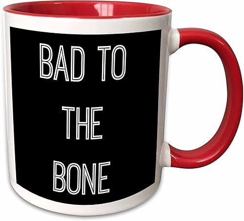 3dRose Bad to The Bone - Taza de fondo con letras de 11 onzas, negroblancorojo