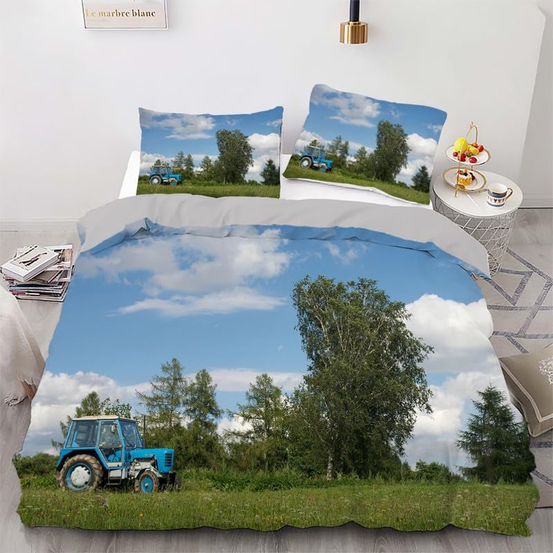 Housse de couette tracteur bleu parure de lit 90x190 enfant avec taie 65x65