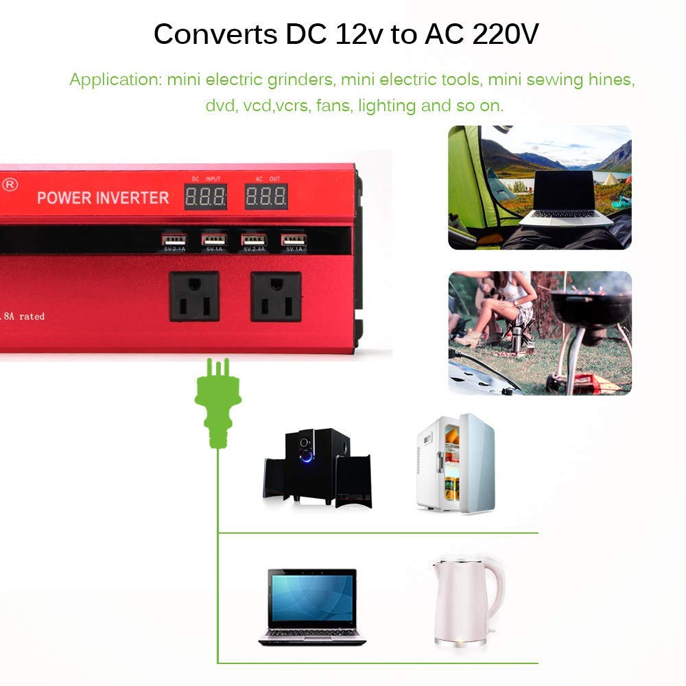 Przetwornica napięcia samochodowego 2000 W, konwerter napięcia DC na AC z wyświetlaczem LCD, 4 interfejsy USB, 3 gniazda AC, podróże i kempingi, 24 V na 220 V