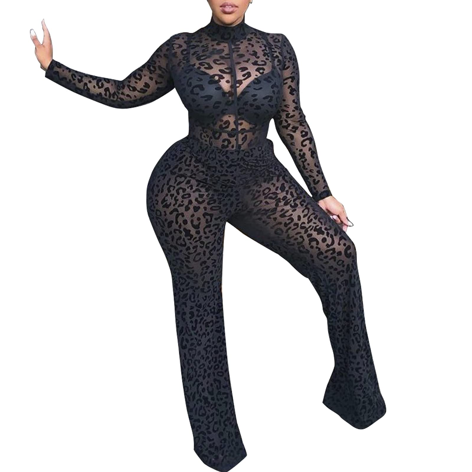 magorange Women Plus Size One Piece Jumpsuits Lace See Through Sexy Bodycon Long Sleeve Romper Clubwear