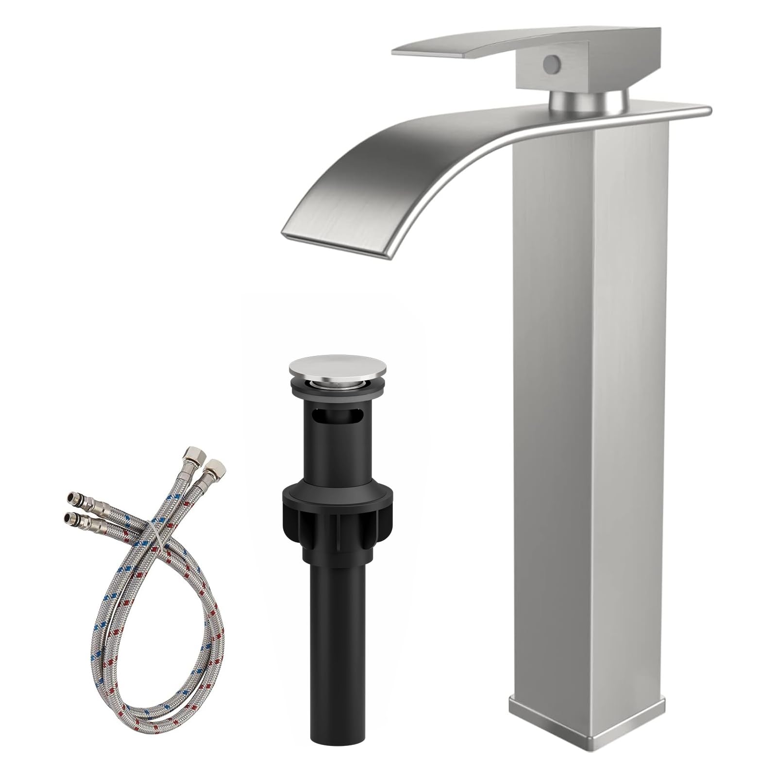 Sxithgkdw Brushed Nickel Vessel Sink Faucet Single Handle Single Hole Tall Bathroom Faucet With Waterfall Spout Sink Faucet Lavatory Vanity Deck Mount Mixer Tap