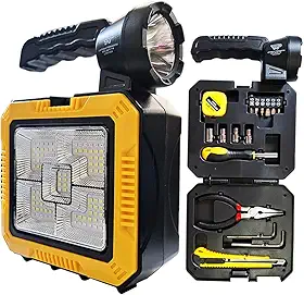 Lanterna Holofote LED Recarregável Solar 5-em-1 c/Kit Ferramentas Completo e Power Bank