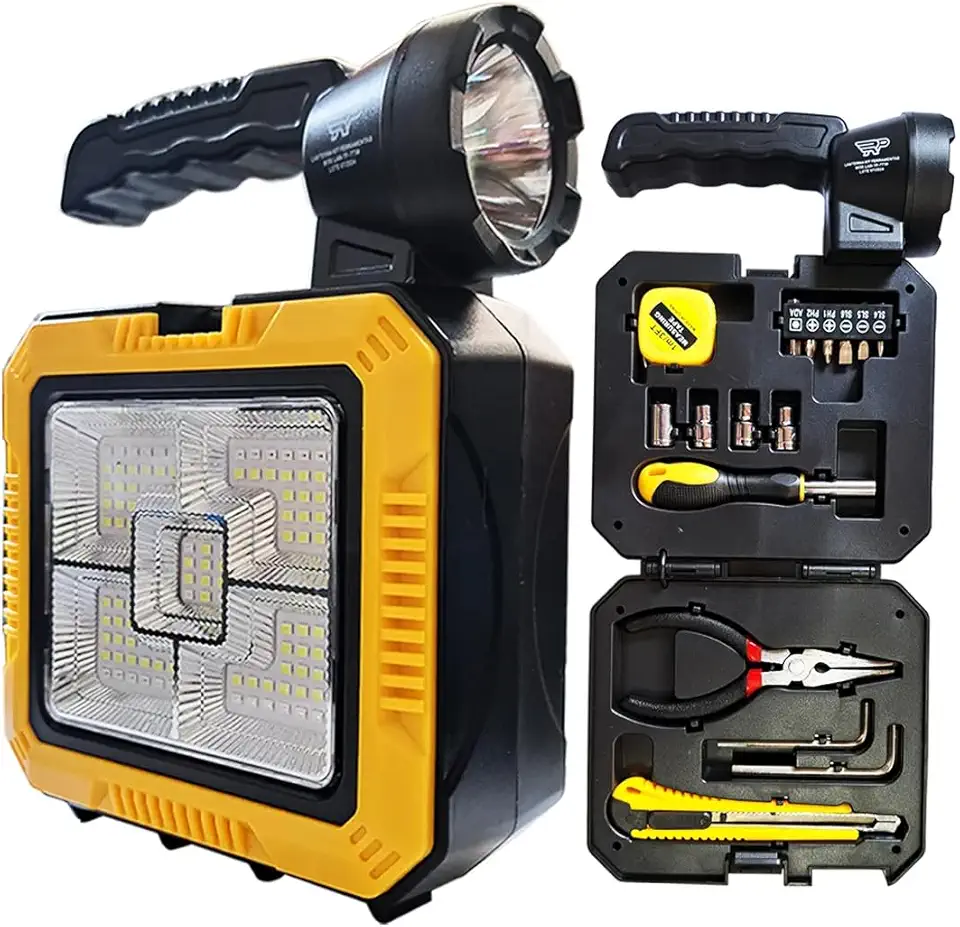 Lanterna Holofote LED Recarregável Solar 5-em-1 c/Kit Ferramentas Completo e Power Bank